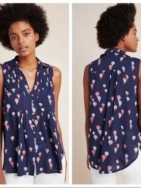 Maeve Anthropologie Sleeveless Navy Hot Air Balloon Print Top